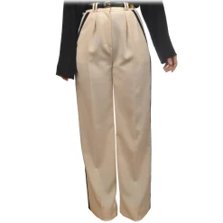 Elisabetta Franchi Trousers-- Wide Leg Trousers with Side Band - Cream - Trousers - Made in Italy - Luxury Exclusive Collection - Avvenice