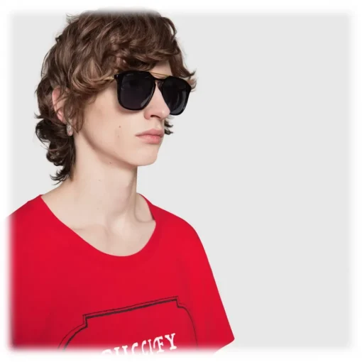Gucci Eyewear Sunglasses & Eyewear-Gucci - Acetate Square Sunglasses - Black with Gold Color Detail - - Avvenice