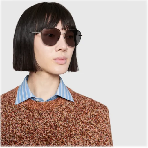 Gucci Eyewear Sunglasses & Eyewear-Gucci - Navigator Sunglasses in Metal - Glossy Ruthenium - - Avvenice