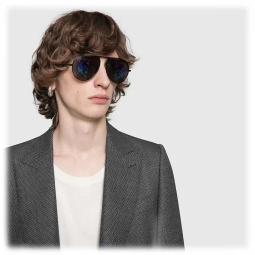 Gucci Eyewear Sunglasses & Eyewear-Gucci - Rectangular Metal Sunglasses - Black Metal with Rainbow Tiger - - Avvenice