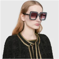 Gucci Eyewear Sunglasses & Eyewear-Gucci - Square Acetate Sunglasses with Crystals - Black - - Avvenice