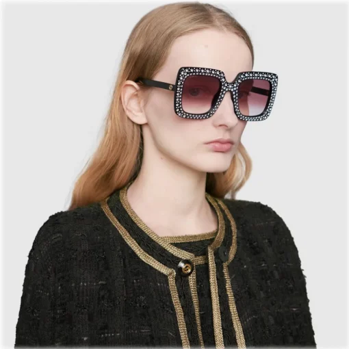 Gucci Eyewear Sunglasses & Eyewear-Gucci - Square Acetate Sunglasses with Crystals - Black - - Avvenice