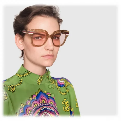 Gucci Eyewear Sunglasses & Eyewear-Gucci - Square Frame Acetate Sunglasses Glitter - Gold Glitter Acetate and Gold  - - Avvenice