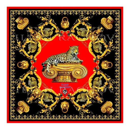 Ilian Rachov Scarves-- Imperial Jaguar Red Silk Scarf - Baroque - Silk Foulard - Luxury High Quality - Avvenice