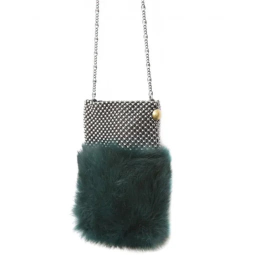 Laura B Bags-- Soft Mobile Bag - Lapin Bag with Net and Swarovski - Dark Green - Luxury High Quality Leather Bag - Avvenice