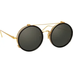 Linda Farrow Sunglasses & Eyewear-- 741 C1 Round Sunglasses - Black & Gold - Eyewear - Avvenice