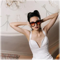 Linda Farrow Sunglasses-- Freya D-Frame Sunglasses in Camel Black - LFL1175C7SUN - Eyewear - Avvenice