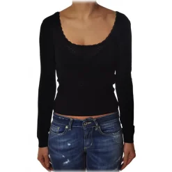 Liu Jo Tops-- Fitted Top with Boat Neckline - Black - Made in Italy - Luxury Exclusive Collection - Avvenice