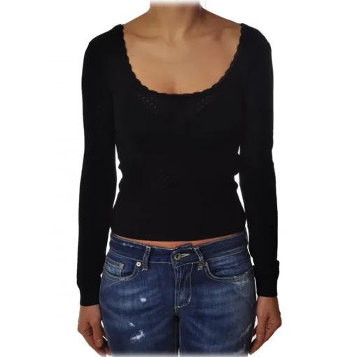 Liu Jo Tops-- Fitted Top with Boat Neckline - Black - Made in Italy - Luxury Exclusive Collection - Avvenice