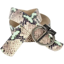 Miriam Tirinzoni Belts-- Grey and Green Calf Leather Belt with Python Print - Belt - Luxury Exclusive Collection - Avvenice