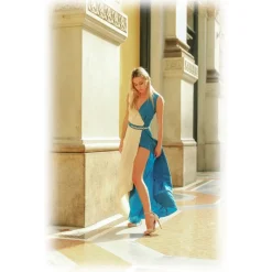 Miriam Tirinzoni Dresses-- Long Tailored Dress - Blue and Creamy White - Dresses - Luxury Exclusive Collection - Avvenice