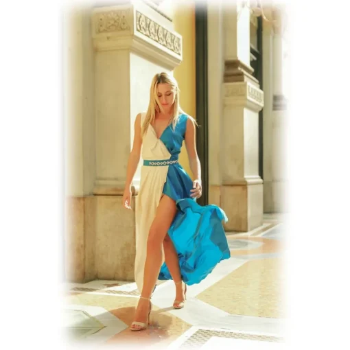Miriam Tirinzoni Dresses-- Long Tailored Dress - Blue and Creamy White - Dresses - Luxury Exclusive Collection - Avvenice