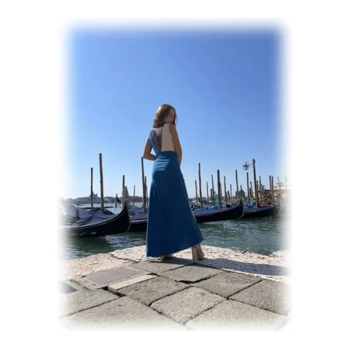 Miriam Tirinzoni Dresses-- Long Tailored Dress - Blue and Creamy White - Dresses - Luxury Exclusive Collection - Avvenice