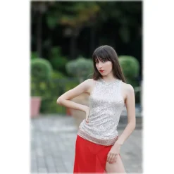Miriam Tirinzoni Swimwear-- Tailored Swimsuit in Gold Sequins with a Coordinated Red Skirt - Swimwear - Luxury Exclusive Collection - Avvenice