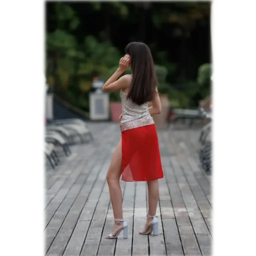 Miriam Tirinzoni Swimwear-- Tailored Swimsuit in Gold Sequins with a Coordinated Red Skirt - Swimwear - Luxury Exclusive Collection - Avvenice