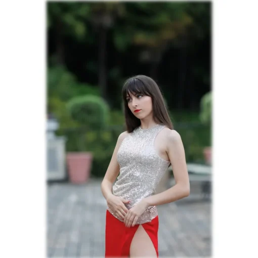 Miriam Tirinzoni Swimwear-- Tailored Swimsuit in Gold Sequins with a Coordinated Red Skirt - Swimwear - Luxury Exclusive Collection - Avvenice