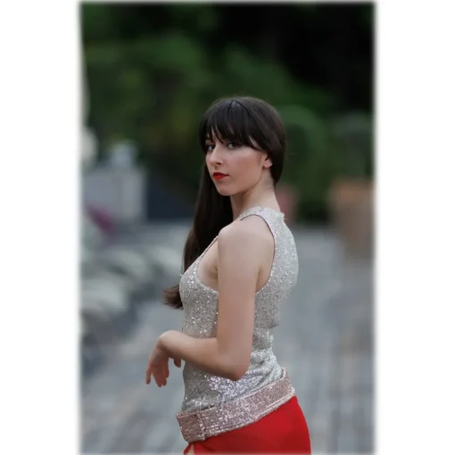 Miriam Tirinzoni Swimwear-- Tailored Swimsuit in Gold Sequins with a Coordinated Red Skirt - Swimwear - Luxury Exclusive Collection - Avvenice