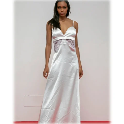 Miriam Tirinzoni Dresses-- White Dress with Lilac Lace Details - Dresses - Luxury Exclusive Collection - Avvenice