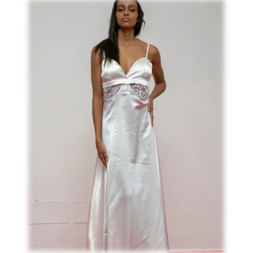 Miriam Tirinzoni Dresses-- White Dress with Lilac Lace Details - Dresses - Luxury Exclusive Collection - Avvenice