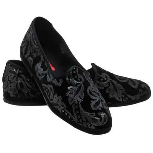 Venetian Reflections by Nicolao Slippers-Nicolao Atelier - Furlana Slipper Silk Velvet - Black Silver Motifs Woman - Shoe - Made in Italy - Luxury Exclusive Collection - Avvenice