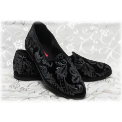Venetian Reflections by Nicolao Slippers-Nicolao Atelier - Furlana Slipper Silk Velvet - Black Silver Motifs Woman - Shoe - Made in Italy - Luxury Exclusive Collection - Avvenice