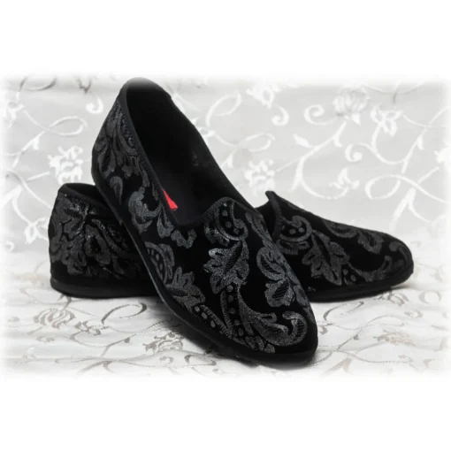 Venetian Reflections by Nicolao Slippers-Nicolao Atelier - Furlana Slipper Silk Velvet - Black Silver Motifs Woman - Shoe - Made in Italy - Luxury Exclusive Collection - Avvenice