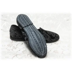 Venetian Reflections by Nicolao Slippers-Nicolao Atelier - Furlana Slipper Silk Velvet - Black Silver Motifs Woman - Shoe - Made in Italy - Luxury Exclusive Collection - Avvenice