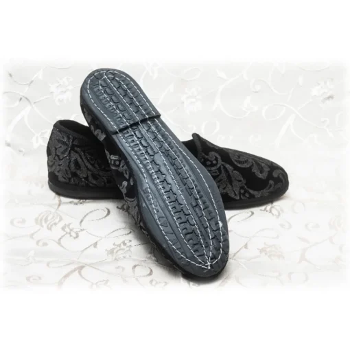 Venetian Reflections by Nicolao Slippers-Nicolao Atelier - Furlana Slipper Silk Velvet - Black Silver Motifs Woman - Shoe - Made in Italy - Luxury Exclusive Collection - Avvenice