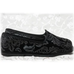 Venetian Reflections by Nicolao Slippers-Nicolao Atelier - Furlana Slipper Silk Velvet - Black Silver Motifs Woman - Shoe - Made in Italy - Luxury Exclusive Collection - Avvenice