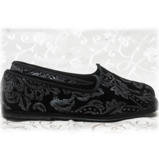 Venetian Reflections by Nicolao Slippers-Nicolao Atelier - Furlana Slipper Silk Velvet - Black Silver Motifs Woman - Shoe - Made in Italy - Luxury Exclusive Collection - Avvenice