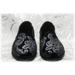 Venetian Reflections by Nicolao Slippers-Nicolao Atelier - Furlana Slipper Silk Velvet - Black Silver Motifs Woman - Shoe - Made in Italy - Luxury Exclusive Collection - Avvenice