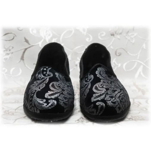 Venetian Reflections by Nicolao Slippers-Nicolao Atelier - Furlana Slipper Silk Velvet - Black Silver Motifs Woman - Shoe - Made in Italy - Luxury Exclusive Collection - Avvenice