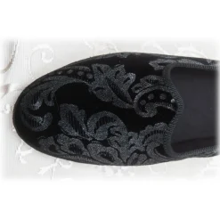 Venetian Reflections by Nicolao Slippers-Nicolao Atelier - Furlana Slipper Silk Velvet - Black Silver Motifs Woman - Shoe - Made in Italy - Luxury Exclusive Collection - Avvenice
