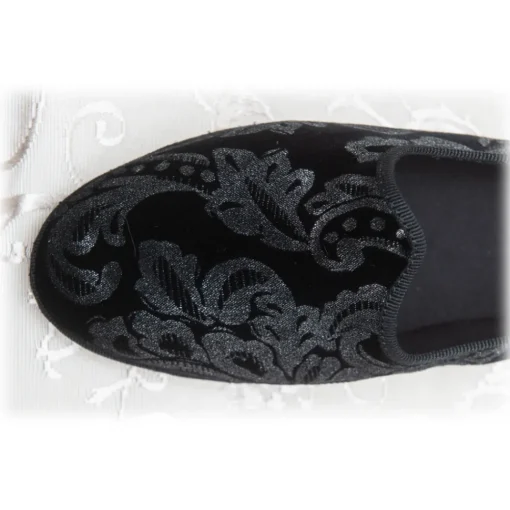 Venetian Reflections by Nicolao Slippers-Nicolao Atelier - Furlana Slipper Silk Velvet - Black Silver Motifs Woman - Shoe - Made in Italy - Luxury Exclusive Collection - Avvenice