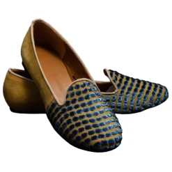 Venetian Reflections by Nicolao Slippers-Nicolao Atelier - Silk Velvet Slipper Shoe - Blue Gold Woman - Shoe - Made in Italy - Luxury Exclusive Collection - Avvenice