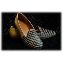 Venetian Reflections by Nicolao Slippers-Nicolao Atelier - Silk Velvet Slipper Shoe - Blue Gold Woman - Shoe - Made in Italy - Luxury Exclusive Collection - Avvenice