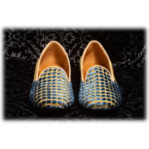 Venetian Reflections by Nicolao Slippers-Nicolao Atelier - Silk Velvet Slipper Shoe - Blue Gold Woman - Shoe - Made in Italy - Luxury Exclusive Collection - Avvenice