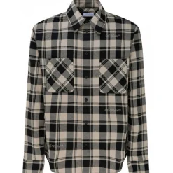 Off-White Shirts-- Light Beige and Black Cotton Check Print Flannel Shirt - Exclusive Luxury Collection - Avvenice
