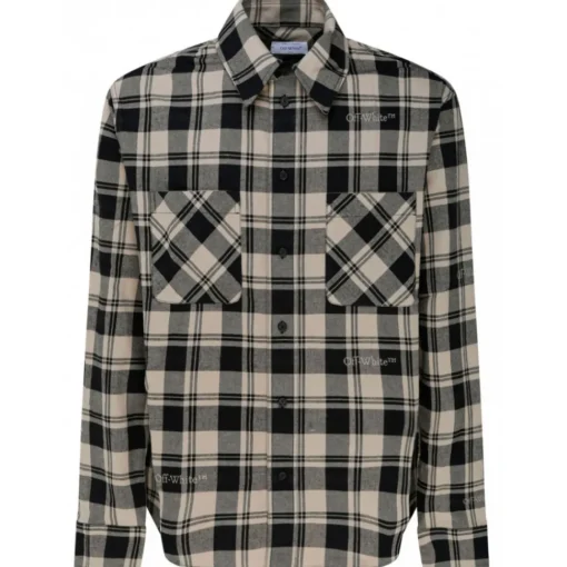 Off-White Shirts-- Light Beige and Black Cotton Check Print Flannel Shirt - Exclusive Luxury Collection - Avvenice