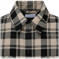 Off-White Shirts-- Light Beige and Black Cotton Check Print Flannel Shirt - Exclusive Luxury Collection - Avvenice