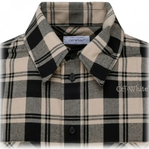 Off-White Shirts-- Light Beige and Black Cotton Check Print Flannel Shirt - Exclusive Luxury Collection - Avvenice