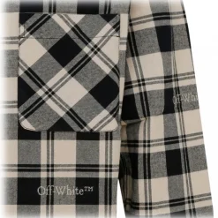 Off-White Shirts-- Light Beige and Black Cotton Check Print Flannel Shirt - Exclusive Luxury Collection - Avvenice