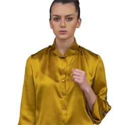 Pael\u00ec Couture Shirts-Paelì Couture - Hand Painted Pure Italian Silk Shirt - Mustard Gold - Made in Italy - Luxury Exclusive Collection - Avvenice