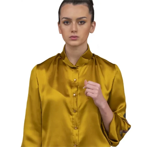 Pael\u00ec Couture Shirts-Paelì Couture - Hand Painted Pure Italian Silk Shirt - Mustard Gold - Made in Italy - Luxury Exclusive Collection - Avvenice