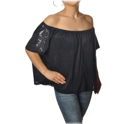 Patrizia Pepe T-shirt-- Blouse Soft Model with Elastic - Blue - T-shirt - Made in Italy - Luxury Exclusive Collection - Avvenice