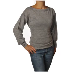 Patrizia Pepe Knitwears-- Boat Neck Sweater with Sash - Gray Melange - Pullover - Made in Italy - Luxury Exclusive Collection - Avvenice