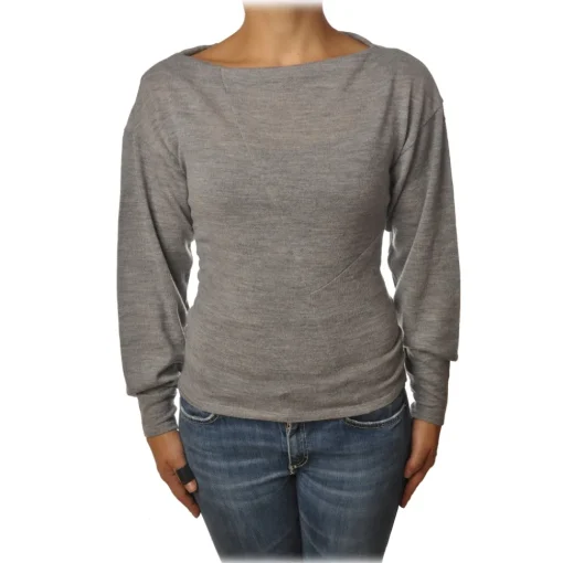 Patrizia Pepe Knitwears-- Boat Neck Sweater with Sash - Gray Melange - Pullover - Made in Italy - Luxury Exclusive Collection - Avvenice