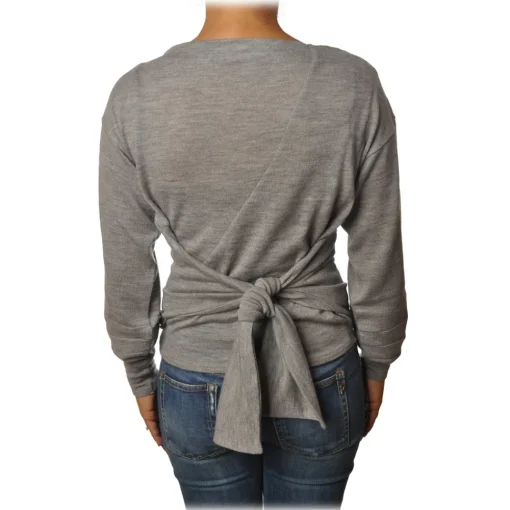 Patrizia Pepe Knitwears-- Boat Neck Sweater with Sash - Gray Melange - Pullover - Made in Italy - Luxury Exclusive Collection - Avvenice