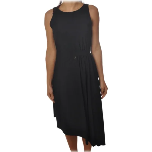 Patrizia Pepe Dresses-- Crew Neck Dress with Elastic at the Waist - Black - Dress - Made in Italy - Luxury Exclusive Collection - Avvenice