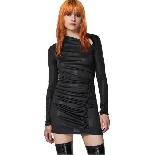 Patrizia Pepe Dresses-- Glossy Fabric Asymmetrical Neckline Dress - Black - Made in Italy - Luxury Exclusive Collection - Avvenice